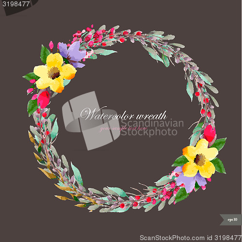 Image of Watercolor wreath with flowers,foliage and branch.