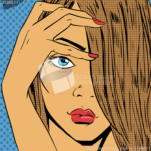 Image of Face the girl looks beautiful pop art comics retro style Halfton