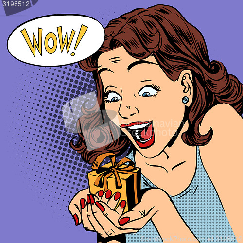 Image of woman glad gift wow pop art comics retro style Halftone