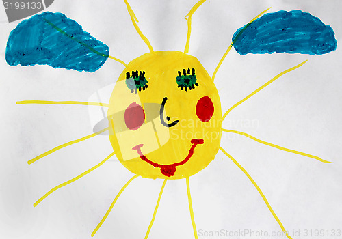 Image of Children's drawing with nice and fun sun