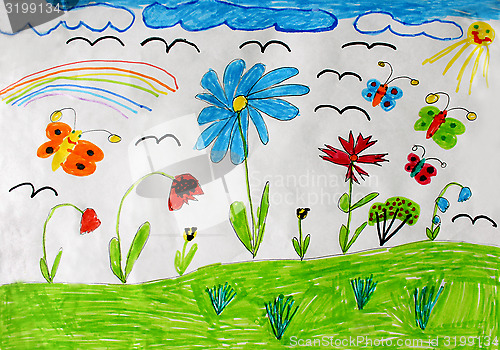 Image of Children's drawing with butterflies and flowers