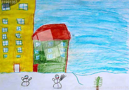 Image of Children's drawing of houses and snowmen