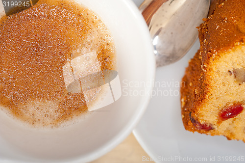 Image of plum cake and espresso coffee 