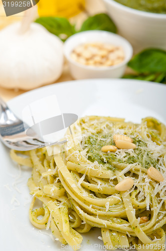 Image of Italian traditional basil pesto pasta ingredients