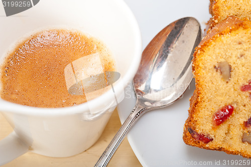Image of plum cake and espresso coffee 