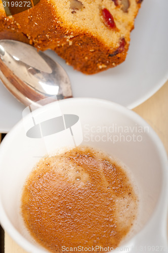 Image of plum cake and espresso coffee 