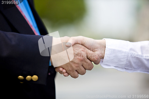 Image of Asian businessman and young female executive shaking hands