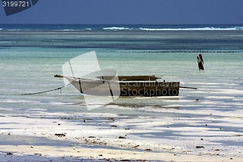 Image of beach seaweed masai and boat in tanzania zanzibar