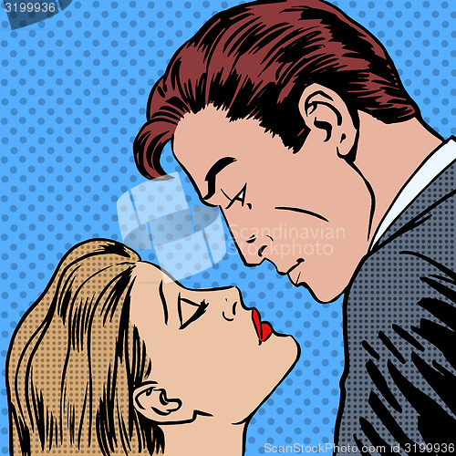 Image of Love men and women kiss pop art comics retro style Halftone