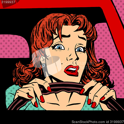 Image of Inexperienced woman driver car accident pop art comics retro sty