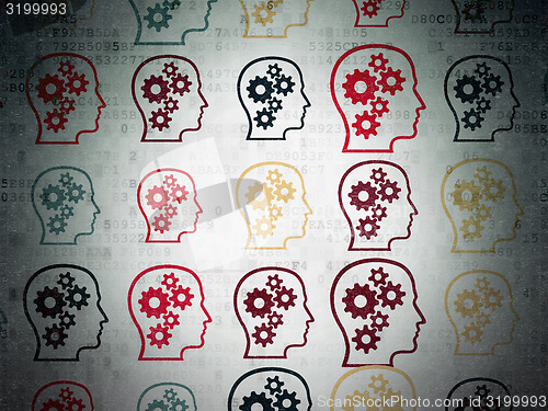 Image of Data concept: multicolor Head With Gears icons on digital background