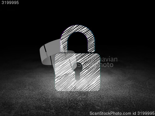 Image of Data concept: Closed Padlock in grunge dark room