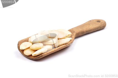 Image of Blanched almonds on shovel