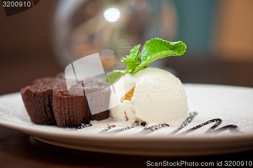 Image of chocolate cake with ice cream