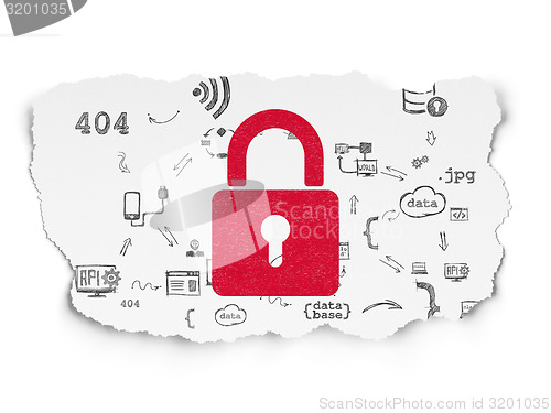 Image of Protection concept: Closed Padlock on Torn Paper background