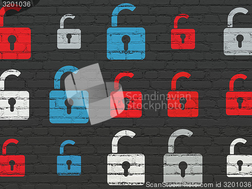 Image of Security concept: multicolor Opened Padlock icons on wall background