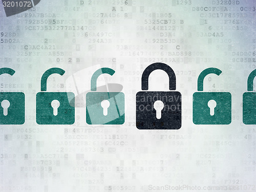 Image of Privacy concept: black closed padlock icon on digital background