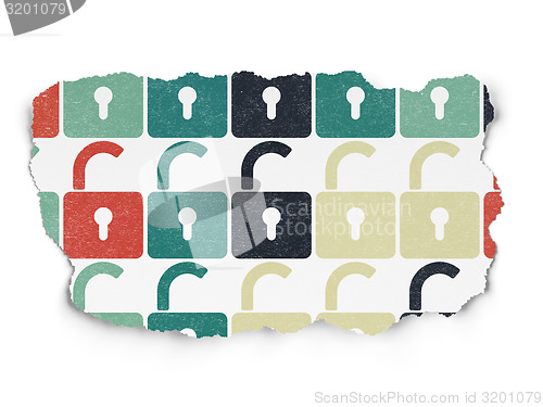 Image of Security concept: multicolor Opened Padlock icons on Torn Paper background