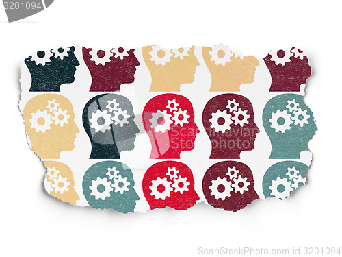 Image of Finance concept: multicolor Head With Gears icons on Torn Paper background