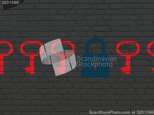 Image of Protection concept: blue closed padlock icon on wall background
