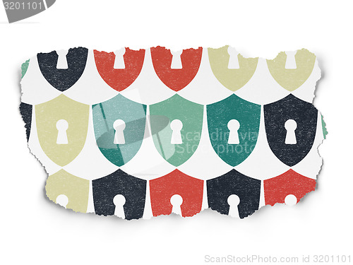 Image of Security concept: multicolor Shield With Keyhole icons on Torn Paper background