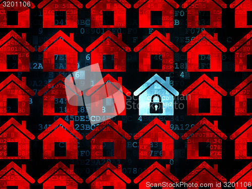 Image of Privacy concept: blue home icon on Digital background