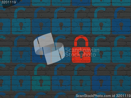 Image of Privacy concept: red closed padlock icon on wall background
