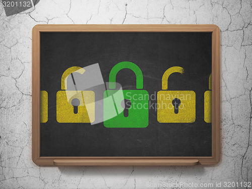 Image of Privacy concept: green closed padlock icon on School Board background