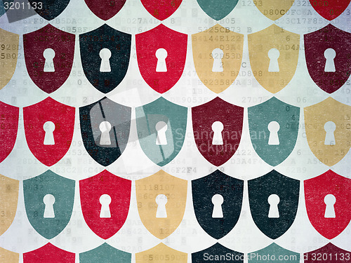 Image of Security concept: multicolor Shield With Keyhole icons on background