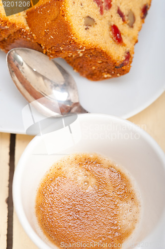 Image of plum cake and espresso coffee 
