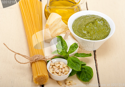 Image of Italian traditional basil pesto pasta ingredients