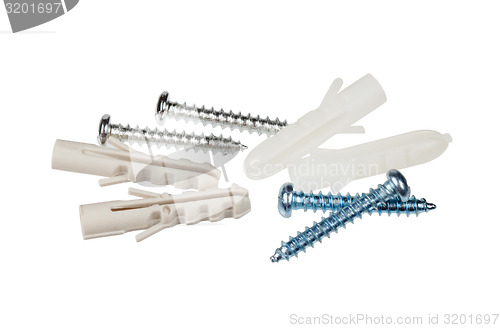 Image of screws and dowels isolated on white background