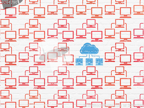 Image of Cloud networking concept: cloud network icon on wall background