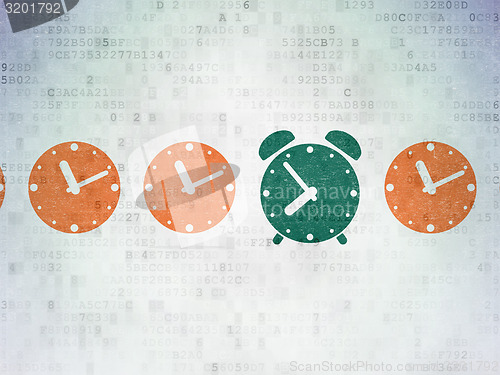 Image of Timeline concept: green alarm clock icon on digital background