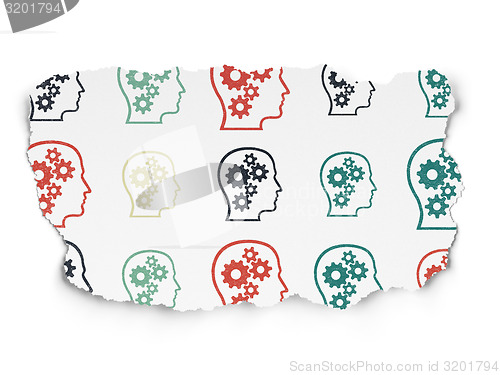 Image of Advertising concept: multicolor Head With Gears icons on Torn Paper background