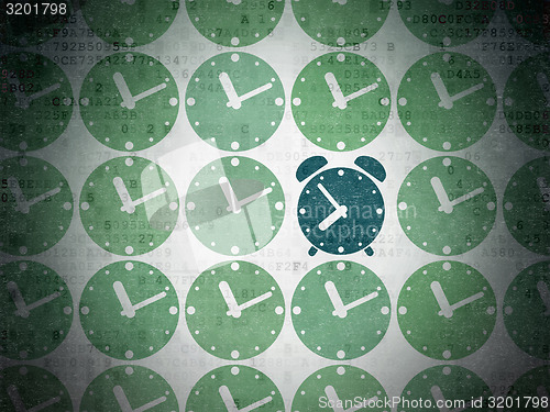 Image of Timeline concept: blue alarm clock icon on digital background