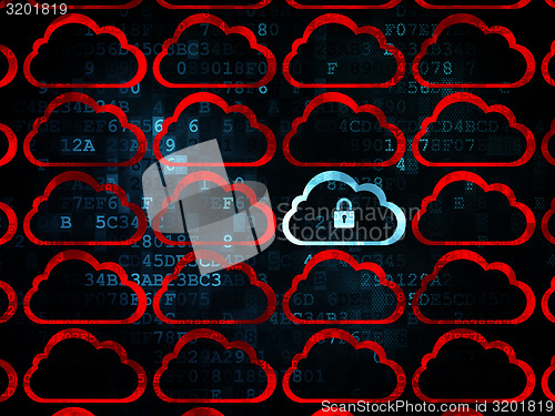 Image of Cloud technology concept: blue cloud with padlock icon on Digital background