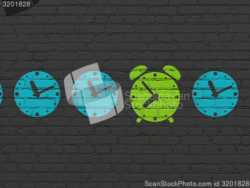 Image of Timeline concept: green alarm clock icon on wall background