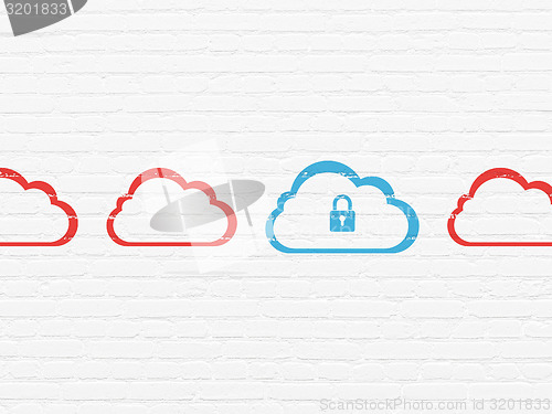 Image of Cloud computing concept: blue cloud with padlock icon on wall background