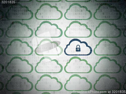 Image of Cloud computing concept: cloud with padlock icon on digital background