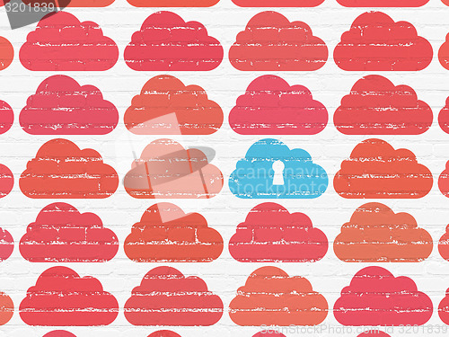 Image of Cloud computing concept: blue cloud with keyhole icon on wall background