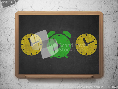 Image of Timeline concept: green alarm clock icon on School Board background