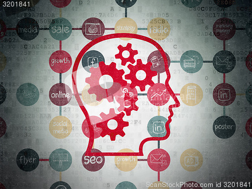 Image of Marketing concept: Head With Gears on digital background