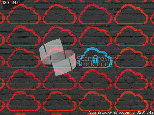 Image of Cloud networking concept: blue cloud with padlock icon on wall background