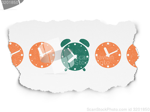 Image of Timeline concept: green alarm clock icon on Torn Paper background