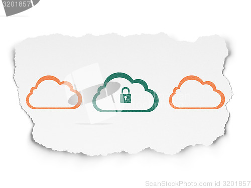 Image of Cloud computing concept: cloud with padlock icon on Torn Paper background