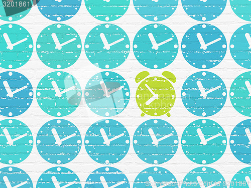 Image of Time concept: green alarm clock icon on wall background