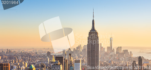 Image of New York City Manhattan skyline in sunset.