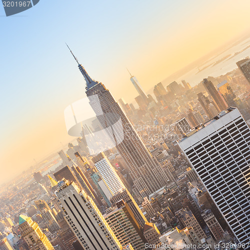 Image of New York City Manhattan skyline in sunset.