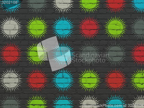 Image of Travel concept: multicolor Sun icons on wall background